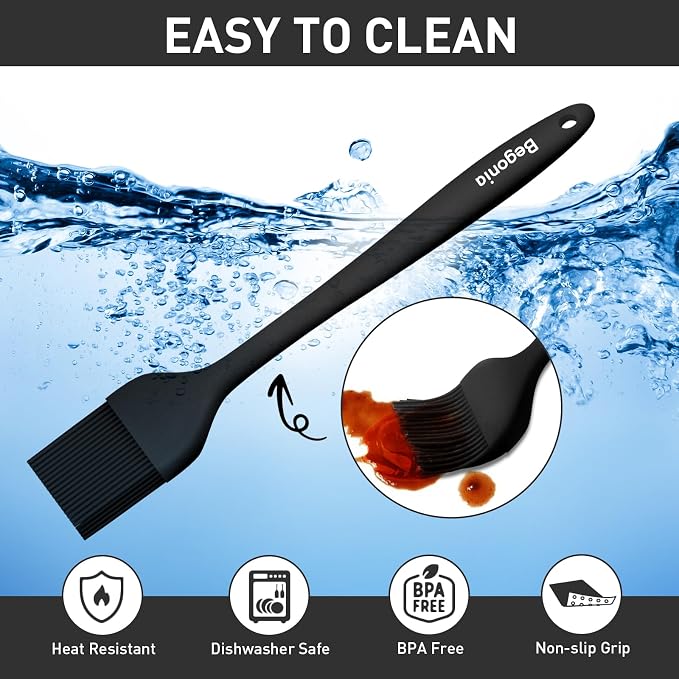 Begonia Silicone BBQ Sauce Brush, Black, 2pcs 10+8 inch Food Brush | Basting Pastry Brush for Heat Resistant, For Oil, Sauce, Butter, BBQ, Grill and Marinade, BPA Free, Dishwasher Safe (Blk)