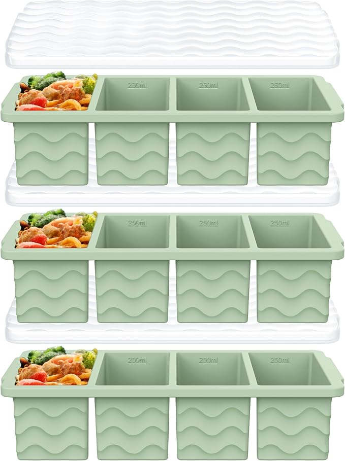 3-Pack Silicone Freezer Trays with Lid, Soup Freezer Container Molds, Silicone Freezer Molds, Ice Cube Tray for freezing Soup Sauce Broth Leftovers, Dishwasher & Oven Safe, BPA Free (1-cup,green)