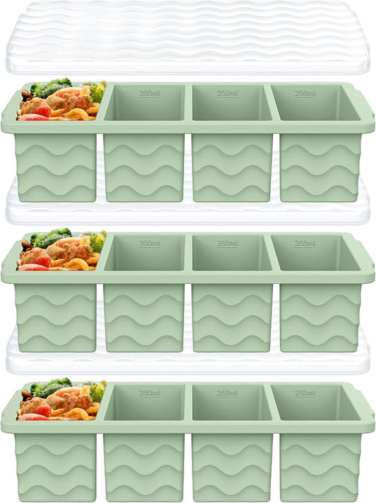 3-Pack Silicone Freezer Trays with Lid, Soup Freezer Container Molds, Silicone Freezer Molds, Ice Cube Tray for freezing Soup Sauce Broth Leftovers, Dishwasher & Oven Safe, BPA Free (1-cup,green)