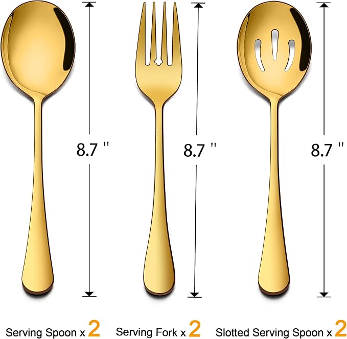 Homikit Stainless Steel Gold Serving Utensils Set of 6, 8.7 Inch Metal Serving Spoons Slotted Spoons Forks Hostess Set for Catering Buffet Party Banquet Restaurant, Mirror Polish, Dishwasher Safe