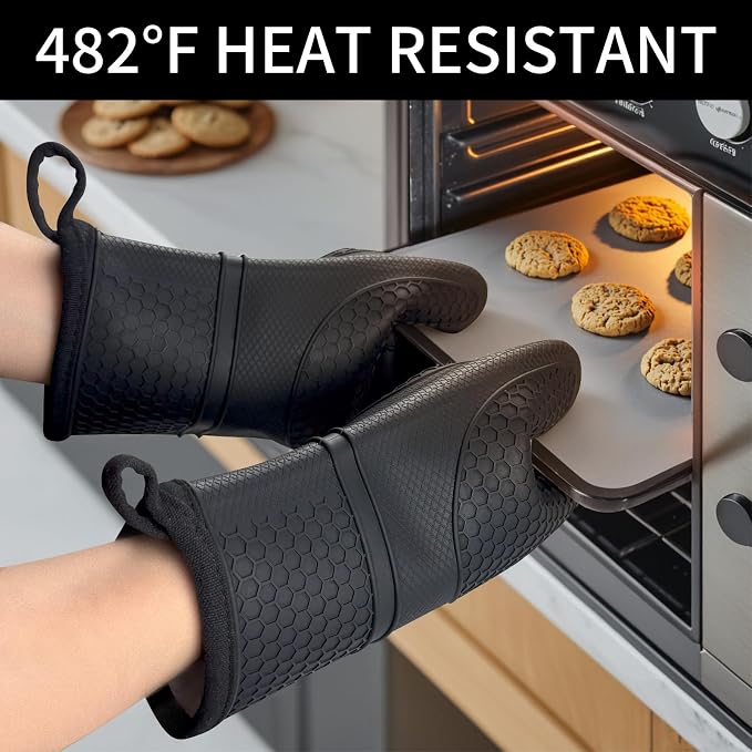Silicone Oven Mitts, Heat Resistant, Soft Non-Slip Oven Gloves with Cotton Lining Kitchen Essentials for Baking, Cooking, BBQ, Apartment Essentials, 11.5 Inch Black