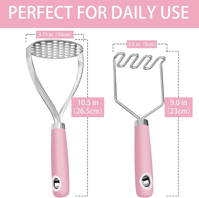 18/0 Stainless Steel Pink Potato Mashers, 10.7-in Kitchen Masher Tool for Avocado Vegetable Sauce Butter, Heavy Duty, Dishwasher Safe, Pack of 2