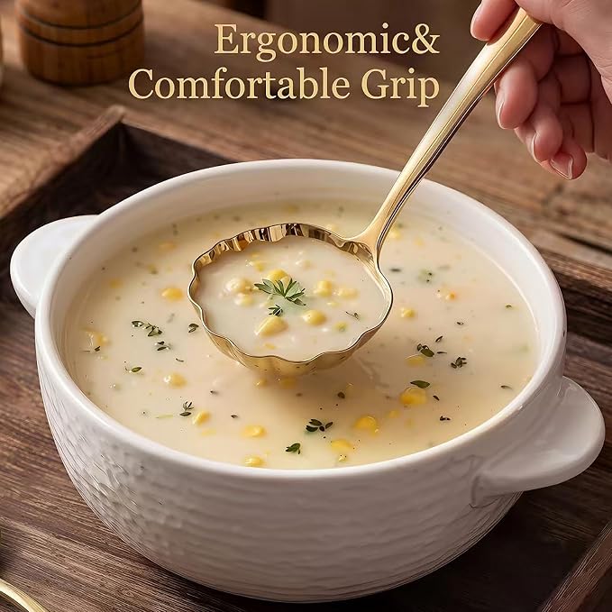 Gold Soup Ladle Set of 2, Premium 18/10 Stainless Steel Sauce Ladle with Artistic Shell-Shaped Design, 9-Inch Small Ladle for Serving Soup, Gravy and Sauce, Mirror Polished, Dishwasher Safe