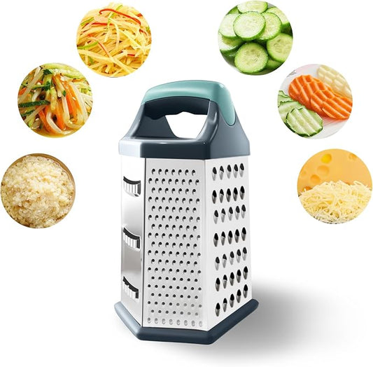 Box grater for kitchen 6 Sided - Cheese Graters Handheld, Stainless Steel Shredder for Food Vegetable Carrot Potato Tomato (Blue)