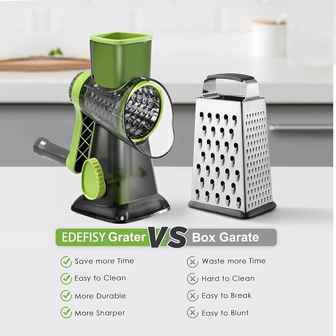 Cheese Grater Hand Crank Rotary Vegetables Shredder with Handle | 3-in-1 Graters, Interchangeable Blades, Non-slip Base, Multifunctional Slicer