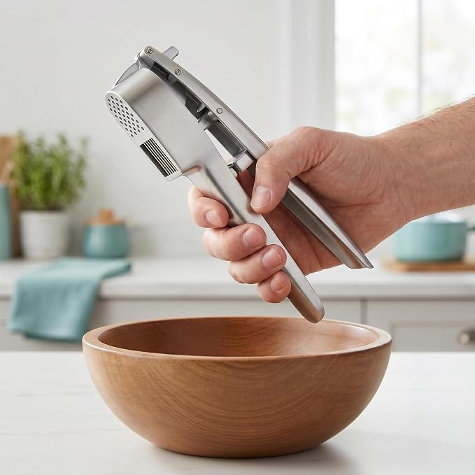 Stainless Steel Garlic Press Rocker - Professional Grade 304 Garlic Crusher & Mincer with Silicone Peeler and Cleaning Brush, Ergonomic Wide Handle, Dishwasher Safe Kitchen Gadget