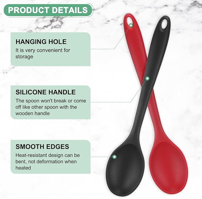 M METERXITY 2-Pack Silicone Spoons for Cooking, 10.6" Mixing Nonstick Slotted and Solid Serving Spoons Heat Resistant Utensils Spoon for Kitchen/Cooking/Baking/Stirring Mixing Tool [Red/Black]