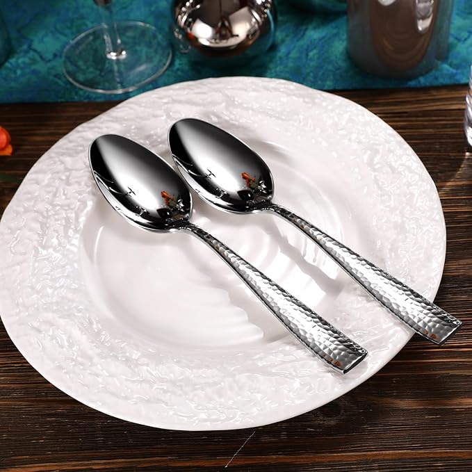 KEAWELL Premium Louis Hammered Serving Utensils, 18/10 Stainless Steel, Squared Edge Design, Mirror Finish, Dishwasher Safe (Serving Spoons, Set of 4)