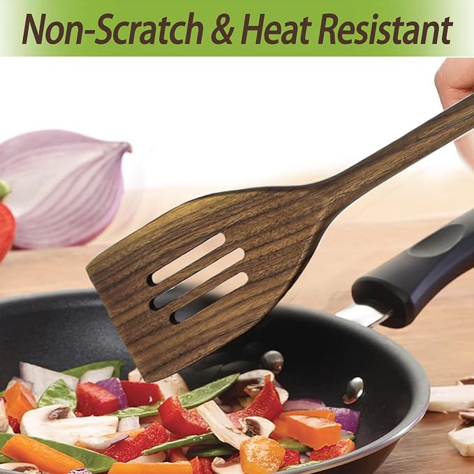 13.5" Wooden Slotted Spatula for Cooking, Walnut Wood Spatula, Wooden Cooking Spatula with Long Handle, Flat Wood Slotted Turner for Non Stick Cookware, Walnut Wooden Cooking Utensils
