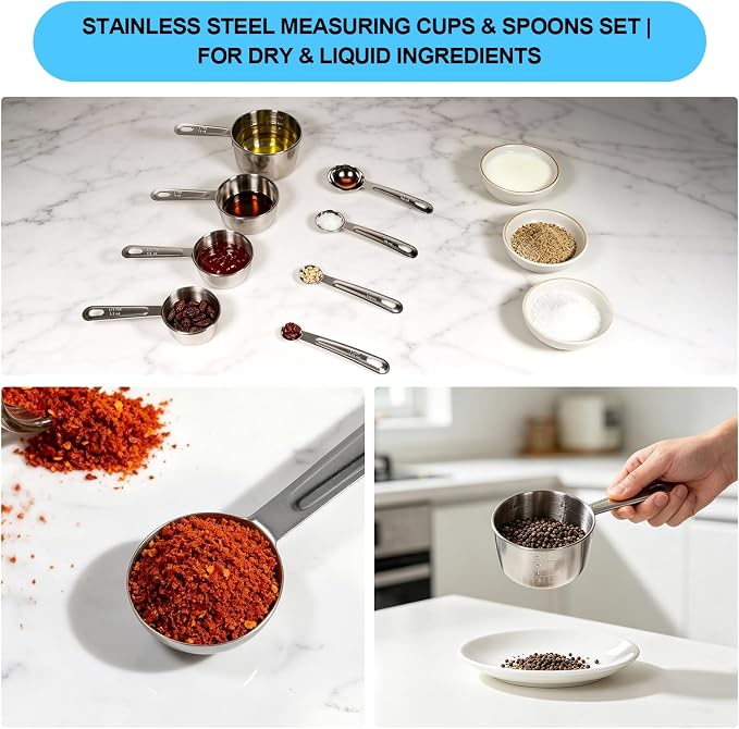 8 PCS Stainless Steel Measuring Cups and Spoons Set, Engraved Metric & US Measurement Measuring Cups and Spoons, Food Grade Metal Measure Cups for Dry & Liquid Kitchen Cooking Baking, Dishwasher Safe