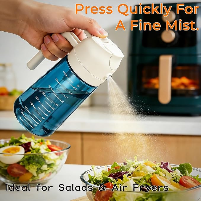 Glass Olive Oil Sprayer for Cooking (16oz/470ml), 2 in 1 Olive Oil Dispenser Bottle for Kitchen Gadgets and Air Fryer Accessories, Salad, BBQ - 1-Pack, Blue White