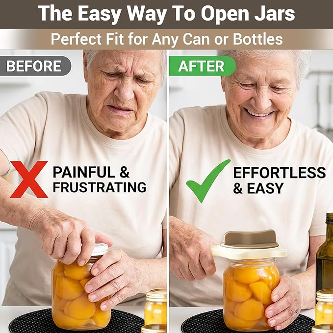 4-In-1 Jar Opener for Weak Hands & Seniors, Adjustable Lid Opener with Non-Slip Grip, Stainless Steel Jar Lid Opener, for Jars, Bottles & Cans (Brown)