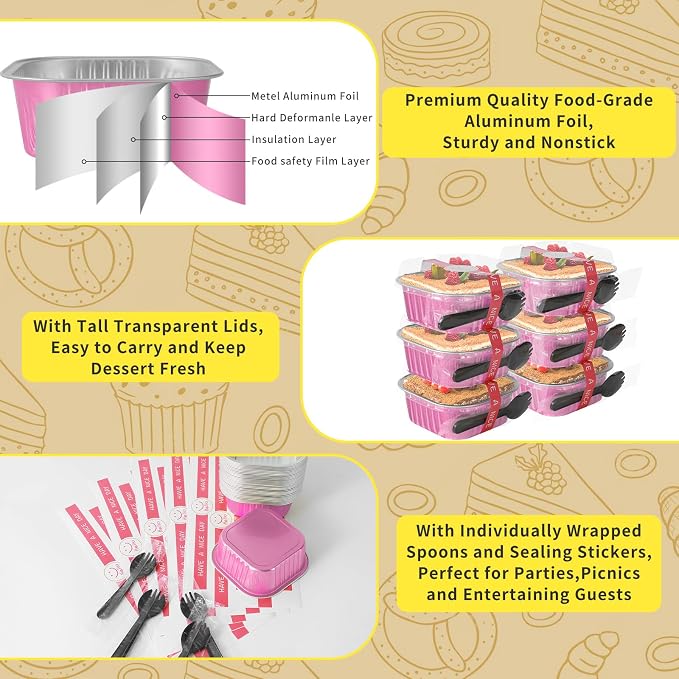10oz Aluminum Foil Brownie Pans with Lids, 40 Pack Square Cake Pans, Disposable Ramekins Cupcake Cups Containers,Mini Cake Baking Pans,Large Muffin Tin Holder for Catering Gathering - Pink
