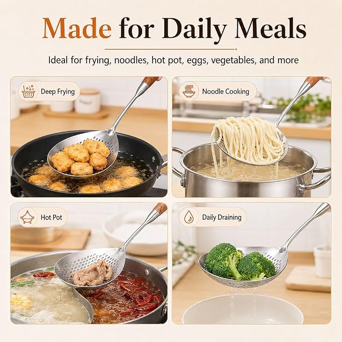 Wooden Handle Stainless Steel Skimmer, 16.8 Inch Metal Slotted Frying Spoon Spider Strainer for Deep Frying, Deep Fryer Scoop Ladle Kitchen Cooking Colander with Walnut Wood Handle(5pc)
