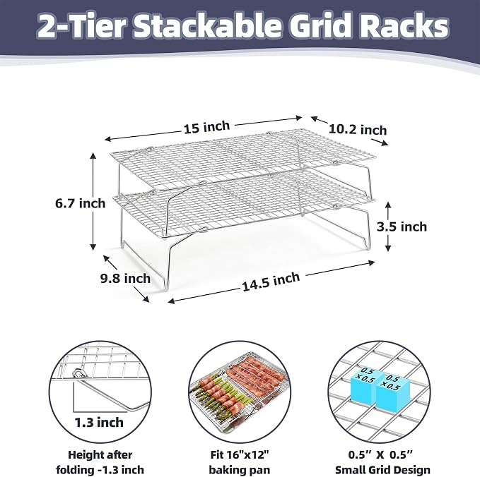 P&P CHEF 2 Tier Stackable Cooling Racks for Cooking and Baking, 15" x 10" | Stainless Steel Stackable Grid Cooling Rack for Cooling Roasting Grilling, Collapsible & Heavy Duty, Oven & Dishwasher Safe