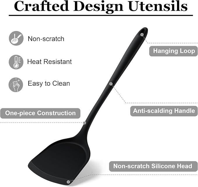 LIANYU Non-Toxic Cooking Utensils Set of 8, Silicone Black Kitchen Utensils Set for Non-Stick Cookware, Healthy Kitchen Tools with Spatula & Spoon, Stainless Steel Core, Healthy & Heat Resistant