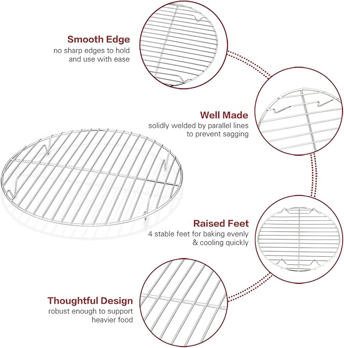 TeamFar Cooling Rack, 10.5 inch Stainless Steel Wire Rack Round Baking Racks for Cooking Steaming Roasting Cooling, Healthy & Non-toxic, Oven & Dishwasher Safe, Mirror Surface – Set of 4