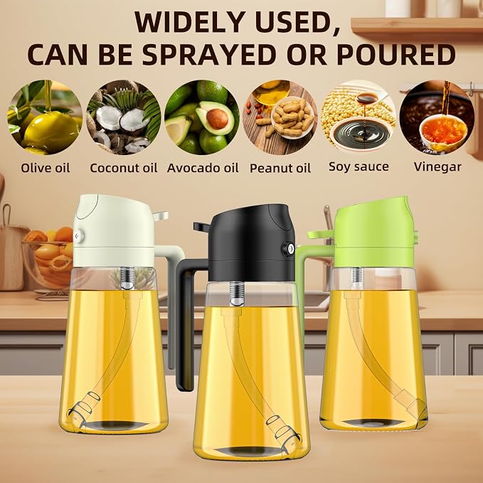 Oil Sprayer for Cooking,2 in 1 Olive Oil Dispenser Bottle for Kitchen,16oz/470ml Spray & Pour Oil Dispenser Bottle,Glass Olive Oil Spritzer,Food-grade Oil Mister for Air Fryer,Salad,Frying,BBQ (Black)