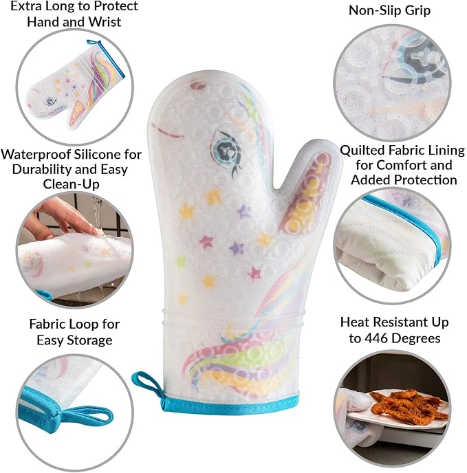 Glitter Magic Unicorn Silicone Oven Mitt - Funny Oven Mitts - Heat Resistant Kitchen Glove, Soft Silicone, Quilted Fabric Lining
