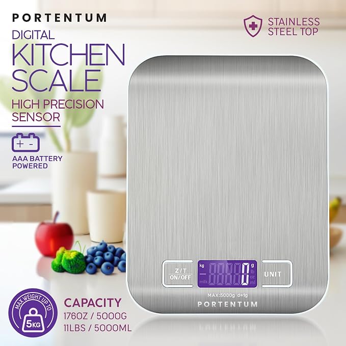 PORTENTUM Digital Kitchen Scales 5kg/11lb with Large LCD Display, Food Scales with Large Stainless Steel Weighing Surface, Liquid Measurement, High Precision up to 1 g, Tare Function,