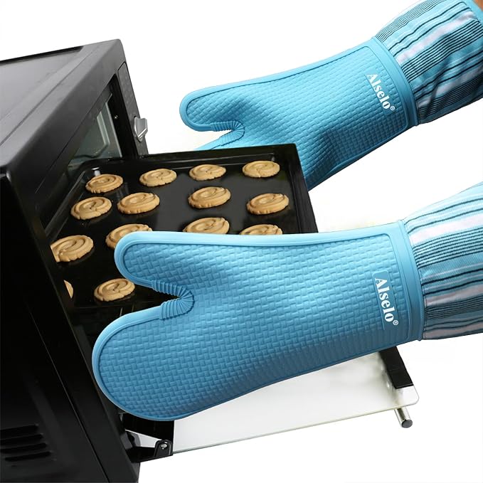 Alselo Oven Mitts Heat Resistant Silicone Kitchen Gloves for 550 Degrees with Waterproof and Non-Silp, Oven Gloves for Baking Cooking Barbecue Microwave Machine Washable (2, Extra Long Sapphire)