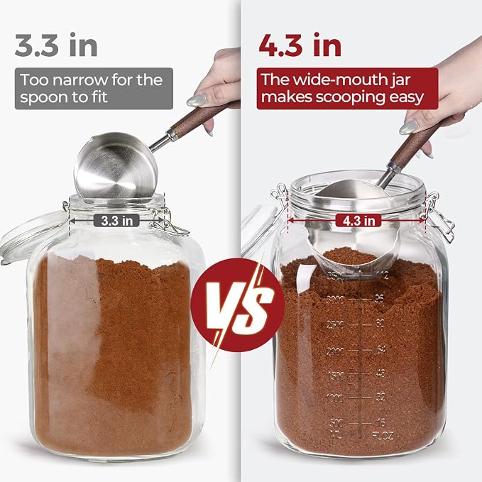 Large Glass Jars with Airtight Lids 1.1 Gallon 2 Pack Flour Jar | Wide Mouth, Scoop Included, Flour Sugar Storage Containers,Baking Supplies,Leak Proof,BPA-Free,Pantry Organization, Pickling