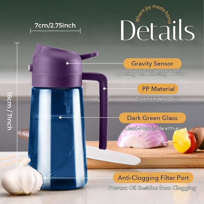 YARRAMATE 16oz/470ml Light-Blocking Dark Oil Sprayer for Cooking (Purple) | 2 in 1 Olive Oil Dispenser Bottle for Kitchen, Premium Blue Glass Oil Bottle, Food-Grade Oil Mister for Air Fryer, BBQ