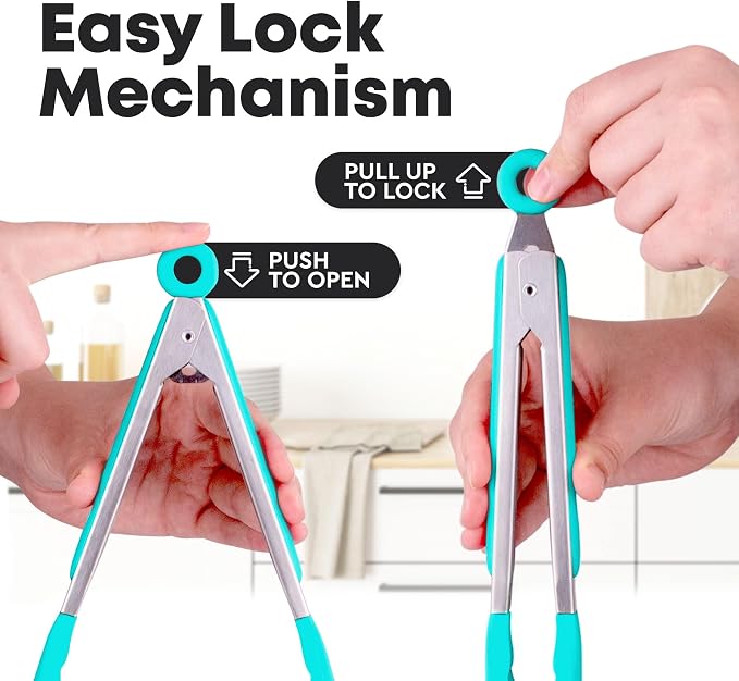 Zulay Stainless Steel Kitchen Tongs with Silicone Tips - Set of 2 (9” & 12”) Locking Cooking Tongs with Non-Slip Grip - Heat Resistant, BBQ Food Tongs for Non-Stick Cooking Pans (Silver/Aqua Sky)