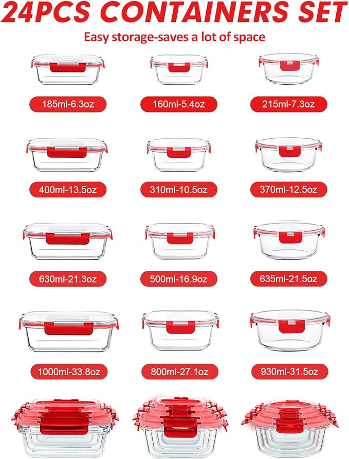 VERONES 12 Packs Glass Food Storage Containers Set with Lids, Red | Airtight Glass Lunch Containers, Glass Meal Prep Containers with Lids, for Microwave, Oven, Freezer & Dishwasher Friendly