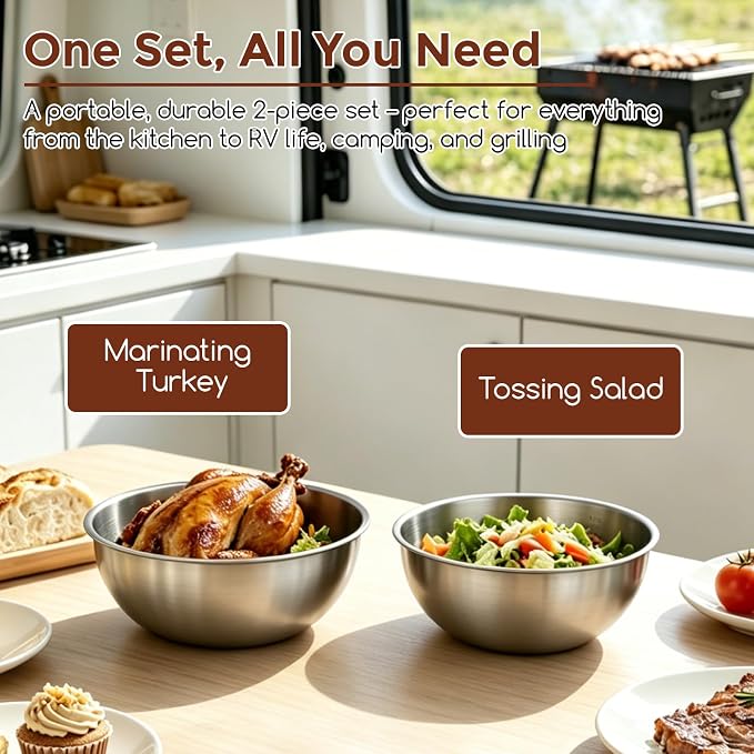 Gronivex Stainless Steel Mixing Bowls Set, 2-Piece (4.2 & 5.3 Qt) | Food-Grade Metal, Dishwasher Safety, Space-Saving – Extra-Large for Bread Dough, Whole Chicken & Big-Batch Cooking