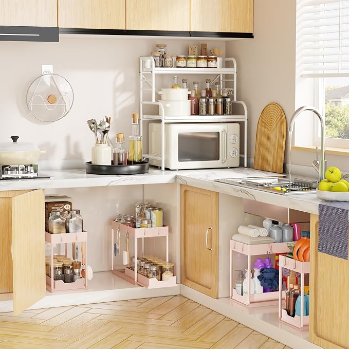 Simple Trending Under Sink Organizer 2 Pack, with Sliding Drawer, Pink | 2-Tier Multi-Use Under Shelf Organizer with Hooks, Sink Pull-Out Sliding Storage Cabinet for Kitchen Bathroom, Easy Assembly