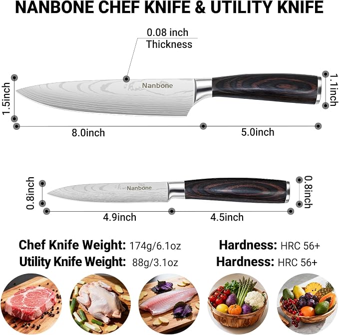 Kitchen Knife Set 2 Piece High Carbon Stainless Steel Professional Chef Knife Set with Ultra Sharp Blade & Wooden Handle, Kitchen Knife Set 2 Pcs-Chef's Knife 8 Inch & Utility Knife 5 Inch