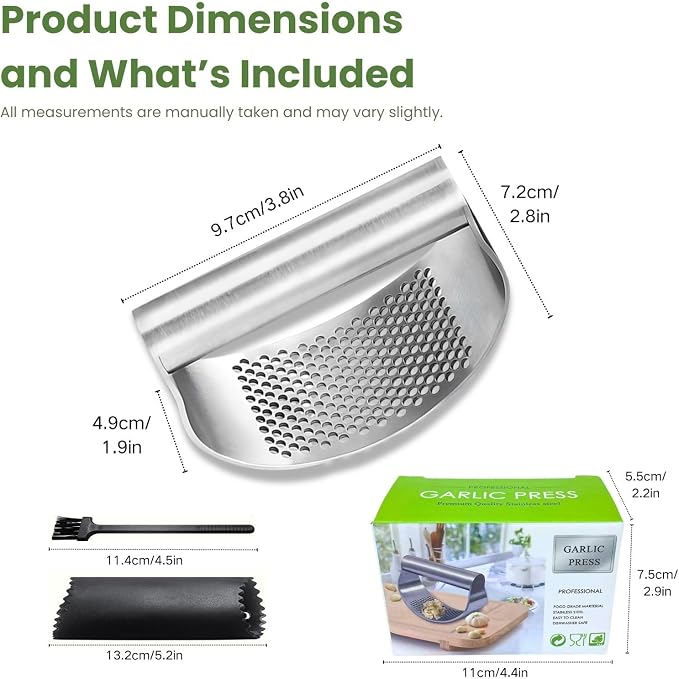 Garlic Press Rocker 304 Stainless Steel Garlic Mincer & Crusher with Silicone Peeler and Cleaning Brush, Ergonomic Dishwasher Safe Garlic Chopper Kitchen Gadget for Seniors & Home Cooks
