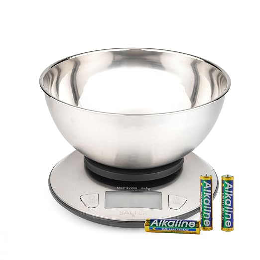 Salter Kitchen Scale with Bowl – Multiple Measure, Measures Liquid, 5kg/11lbs Max Capacity, 2l Steel Bowl, LCD-Display, Stainless-Steel, Dual Use, Perfect for Baking, Cooking, Meal Prepping