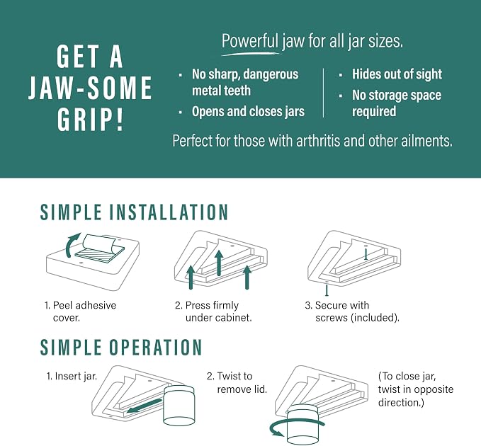 Jar Opener | Under Cabinet Jar Opener & Jar Closer for Weak Hands, Seniors, Arthritis, & One-Handed Use | Effortless Grip Jar, Bottle & Lid Opener | Kitchen Gadget Gift | Made in USA