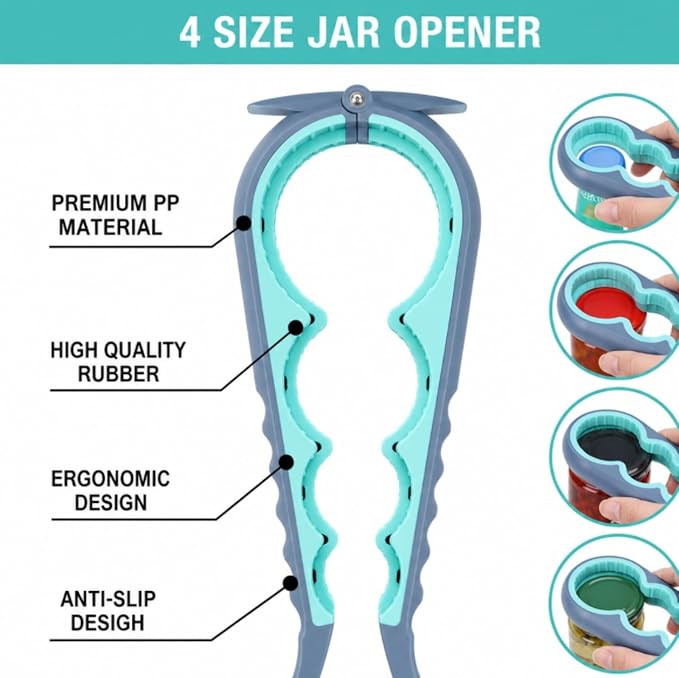 Jar Opener & Bottle Opener for Seniors, Arthritis, Weak Hands, Non Slip Lid Grip Remover, Effortless Twist,4-in-1 Multi Purpose Kitchen Tool(Blue)