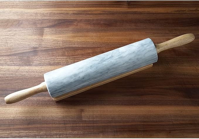 Fox Run Polished Marble Rolling Pin with Wooden Cradle, 10-Inch Barrel, White | Marble Stays Cool For Pastry | Heavy Dough Roller For Easy Rolling & Baking | Includes Stand | Naturally Non-Stick Surface