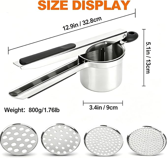 Potato Ricer Stainless Steel, 15 oz Heavy Duty Potato Masher with 4 Interchangeable Discs, Large Capacity Smooth Mashed Potatoes Press, Easy to Clean Kitchen Tool