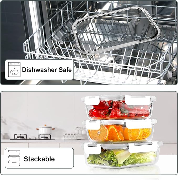 VERONES 10 PACK 22 OZ Glass Meal Prep Containers Set with Lids, White | Airtight Glass Lunch Containers Set, Glass Food Storage Containers, for Microwave, Oven, Freezer & Dishwasher Friendly