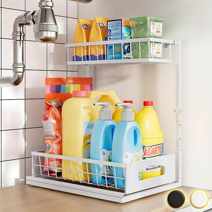 Under Sink Organizer, 1-Pack L-Shaped Metal Pull-Out Drawers for Kitchen | Cabinet Organizer Height Adjustable Heavy Duty Metal 2-Tier Storage Fits Beside Common Pipes for Bathroom Pantry
