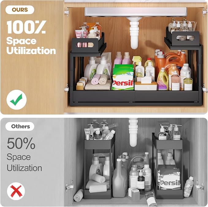1 Pack-16"-26"W Expandable Under Sink Organizer With Upgrade Ball-Bearing Slide,2-Tier Pull Out Under Cabinet Organizer Height Adjustable,Not Suitable For Cabinets With Partitions In The Middle