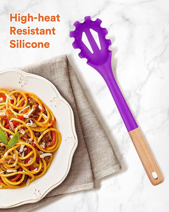 Silicone Pasta Fork, Kitchen Heat Resistant Noodle Spoon Server, BPA Free Spaghetti Strainer,12.8 inch (BERRY)