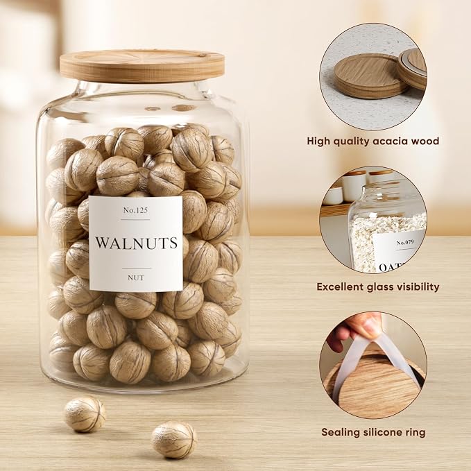 2 PCS Flour Sugar Storage Containers Glass Jar,4000ml/1 Gallon/4.2 Qt/135oz | Large Glass Food Storage Jars with Wood Airtight Lids,for Tea,Spice,Cereal Rice Flour Pasta Sugar