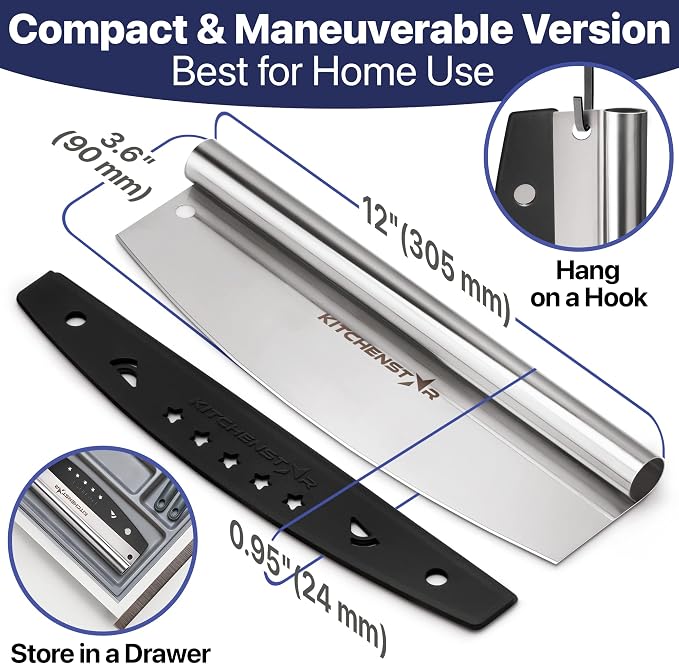 12-Inch Pizza Cutter Rocker Blade, 304 Stainless Steel Slicer Knife, Silver | Protective cover included, dishwasher safe, one-piece design, food-grade stainless steel, suitable for small pizzas