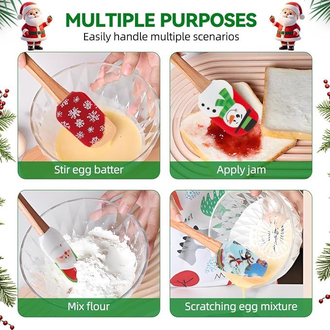 Christmas Spatula Set, 4 Pieces Kitchen Christmas Silicone Spatula Set with Wooden Handle for Baking Cooking and Christmas (Assorted Color)