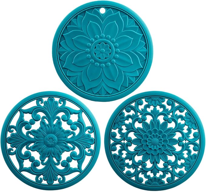 Silicone Trivets for Hot Dishes, Pots and Pans, Hot Pads for Kitchen Counter, Pot Holders for Tabletop & Countertop, Multi-use Heat Resistant Mat for Table, Non Stick Trivet Mat Set 3 Teal