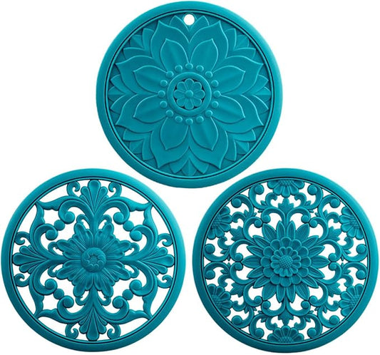 Silicone Trivets for Hot Dishes, Pots and Pans, Hot Pads for Kitchen Counter, Pot Holders for Tabletop & Countertop, Multi-use Heat Resistant Mat for Table, Non Stick Trivet Mat Set 3 Teal
