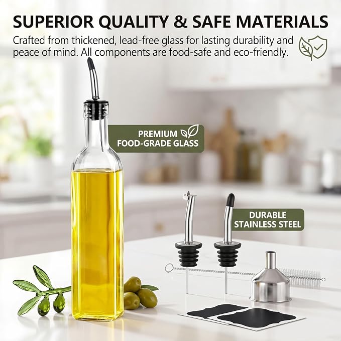 Olive Oil Dispenser Bottle - 500ml Glass Oil and Vinegar Bottles Set for Kitchen with 2 Stainless Steel Pourers, Funnel, Brush and 2 Labels, Kitchen Oil Bottles with Drip-Free Design
