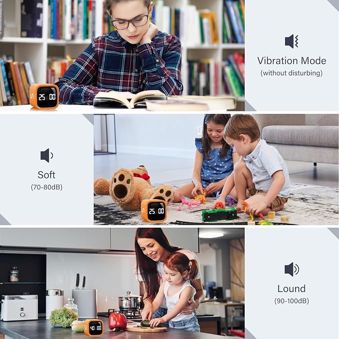 Rotating Pomodoro Timer 5, 25, 10 50 Minutes Preset, Desk Productivity Flip Timer, ADHD Tool Cube Countdown Stopwatch, Vibration/High/Low Volume/Custom Modes, for Work, Study, Back to School, Orange