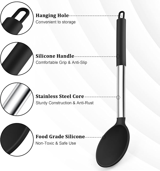 TeamFar Silicone Cooking Spoon, 2 PCS Large Nonstick Kitchen Spoons, Heat-Resistant Solid and Slotted Spoons for Cooking Mixing Serving Stirring, Healthy & Dishwasher Safe, Black